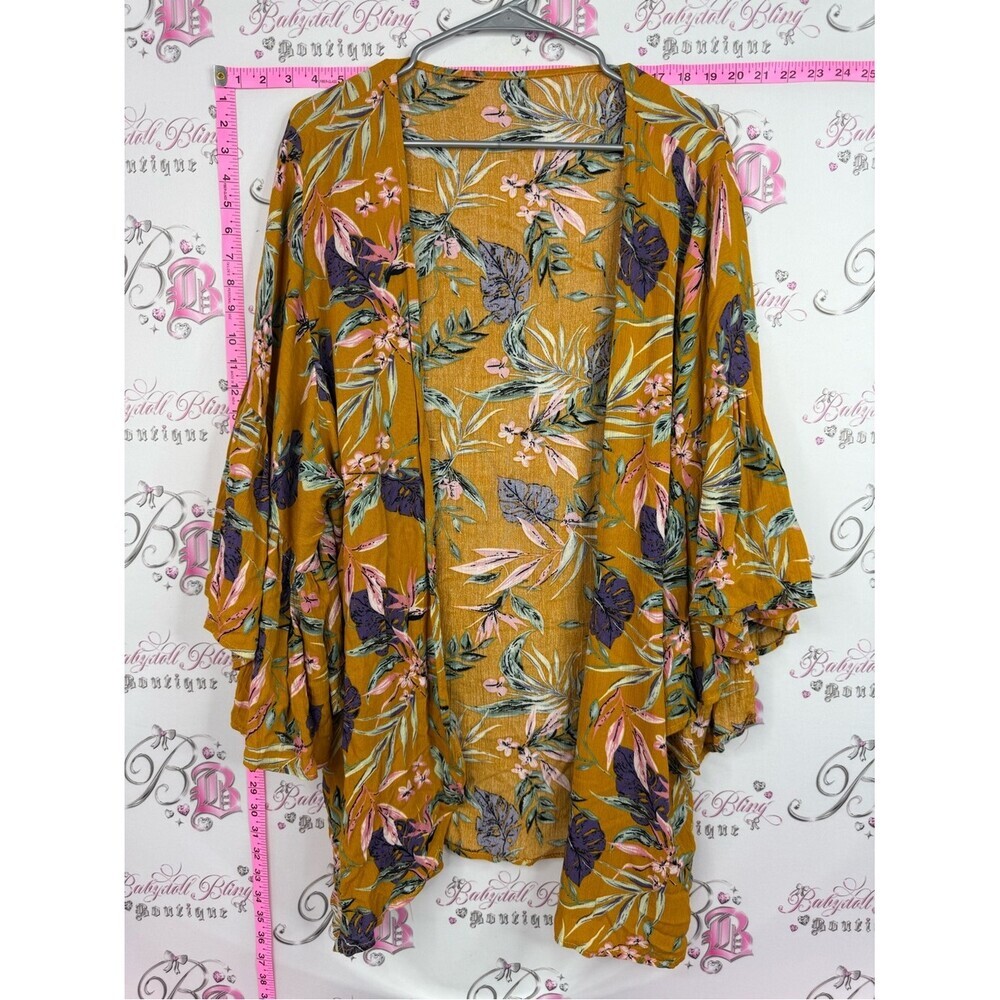 Kimono cardigan floral flowers yellow Mustard Floral Ruffle Sleeve Kimono